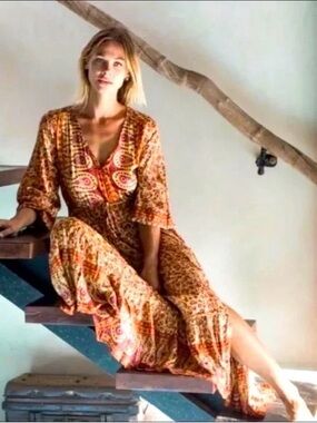 AURA Floral Yellow & Pink Summer Dress Maxi Tie Waist Boho